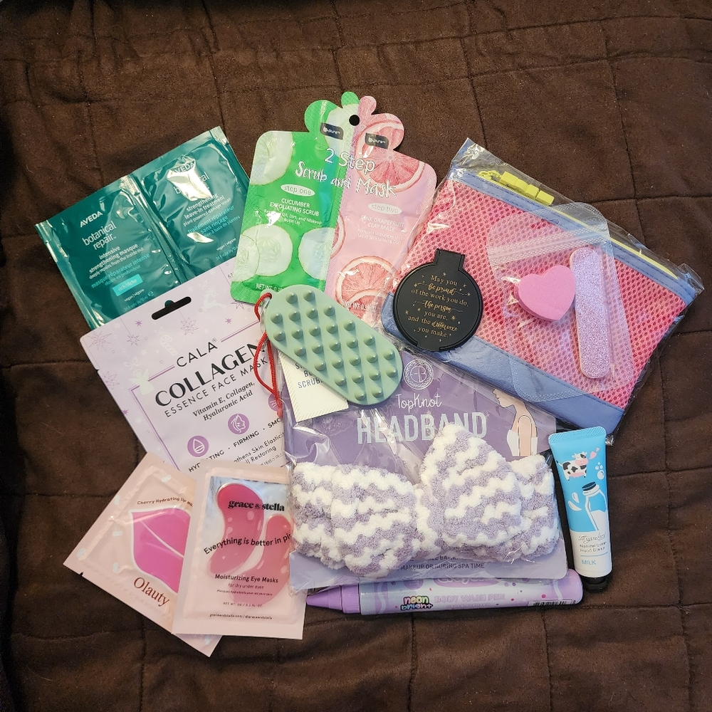 Self Care Bundle Purple Bow Spa Band Skincare Hair Makeup Bag Set - Picture 11 of 11